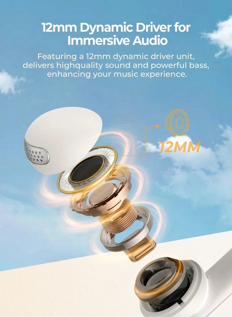 هافيت سماعات أذن لاسلكية TWS مفتوحة ومكبّسة مع تصميم مشبك – سماعات بلوتوث V5.3 مع ميكروفون مزدوج، إلغاء ضوضاء ذكي للمكالمات، صوت ستيريو عالي الجودة HiFi، تصميم مريح، مقاومة للماء والعرق بتصنيف IPX4، عمر بطارية طويل 23 ساعة مع علبة الشحن، شحن سريع بمنفذ تايب سي، تحكم ذكي باللمس، مكالمات بدون استخدام اليدين للركض وصالة الألعاب والعمل، سماعة بلوتوث محمولة، لون بيج - Image 3